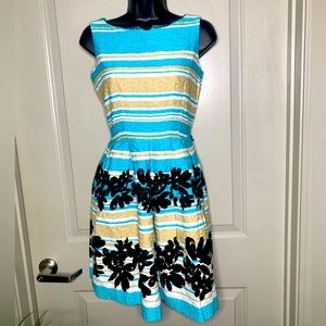 Aqua, Tan & Black Striped Floral Dress